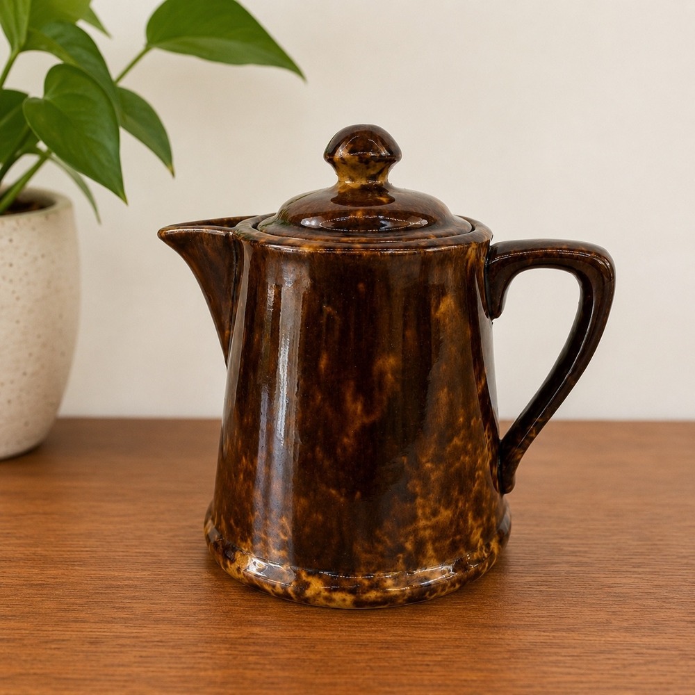 Bennington Rockingham Individual Coffee Pot Brown Glaze Antique w/Lid